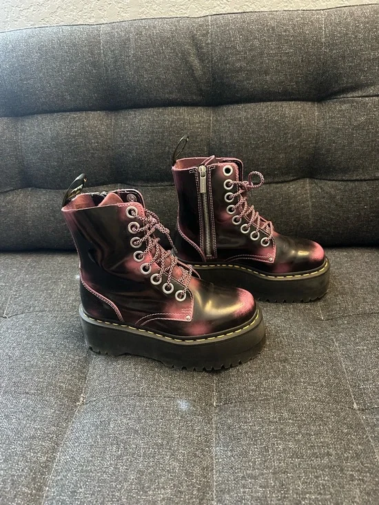 Dr. Martens Women's Metallic Burgundy Black Platform Combat Boots - Picture 2 of 6